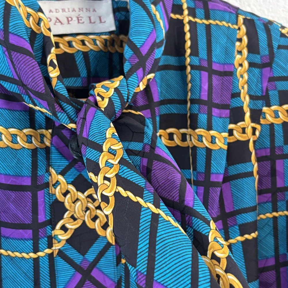 90s Adrianna Papell Silk Shift Dress Womens Blue Purple Plaid Chain Print Bow - Picture 5 of 12